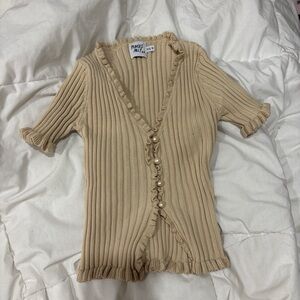 Princess Polly Trendy Beige Ribbed Top with Ruffle Trim